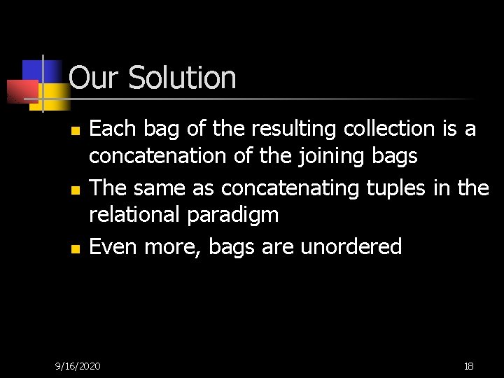 Our Solution n Each bag of the resulting collection is a concatenation of the