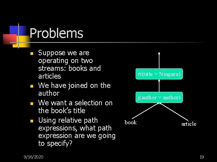 Problems n n Suppose we are operating on two streams: books and articles We