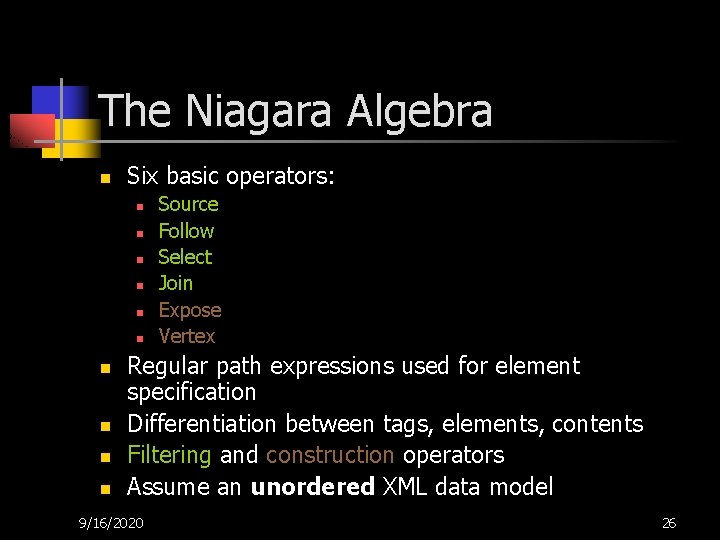 The Niagara Algebra n Six basic operators: n n n n n Source Follow