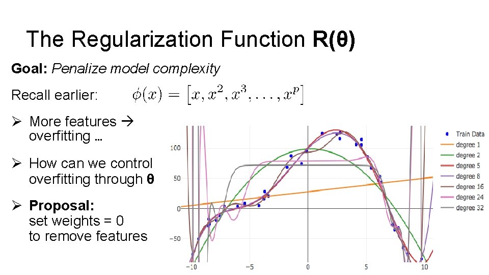 The Regularization Function R(θ) Goal: Penalize model complexity Recall earlier: Ø More features overfitting