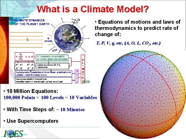 What is a Climate Model? • Equations of motions and laws of thermodynamics to