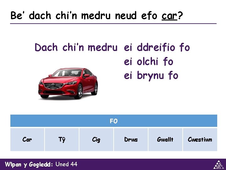 Be’ dach chi’n medru neud efo car? Dach chi’n medru ei ddreifio fo ei