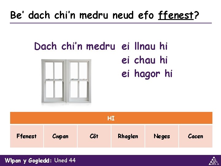 Be’ dach chi’n medru neud efo ffenest? Dach chi’n medru ei llnau hi ei