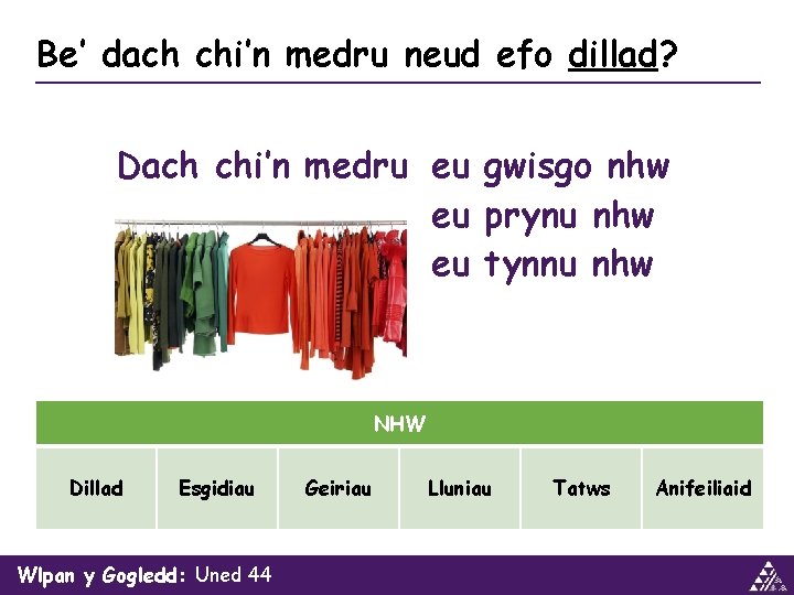 Be’ dach chi’n medru neud efo dillad? Dach chi’n medru eu gwisgo nhw eu