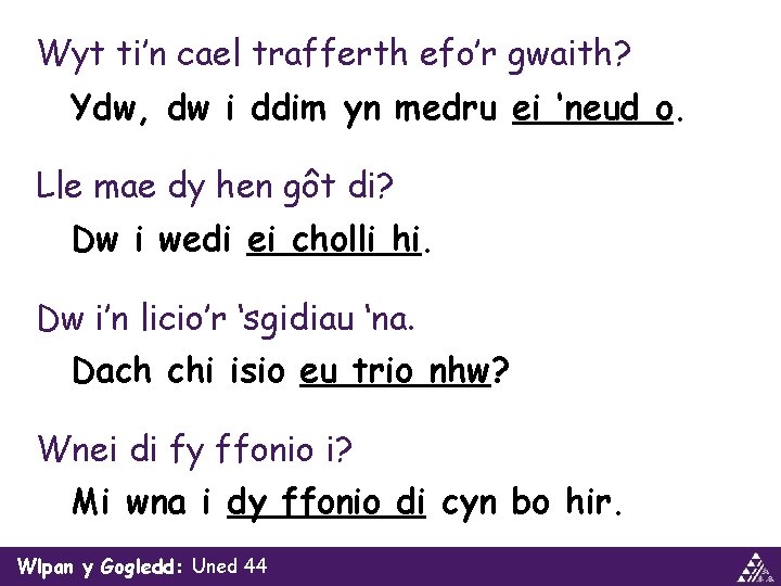 Wyt ti’n cael trafferth efo’r gwaith? Ydw, dw i ddim yn medru ei ‘neud