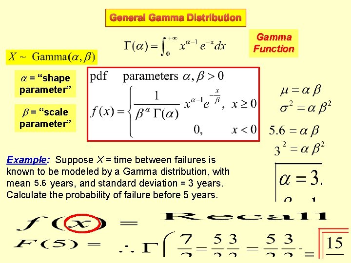 General Gamma Distribution Gamma Function = “shape parameter” = “scale parameter” Example: Suppose X