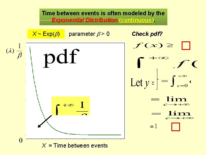 Time between events is often modeled by the Exponential Distribution (continuous). X ~ Exp(