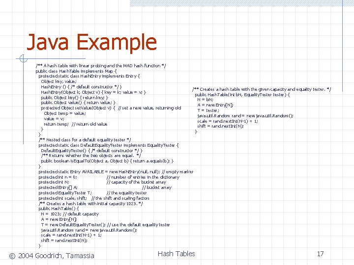 Java Example /** A hash table with linear probing and the MAD hash function
