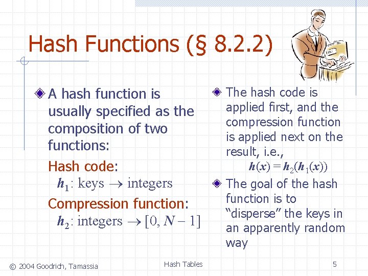 Hash Functions (§ 8. 2. 2) A hash function is usually specified as the