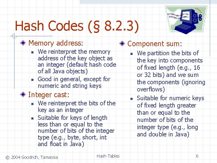 Hash Codes (§ 8. 2. 3) Memory address: n n We reinterpret the memory