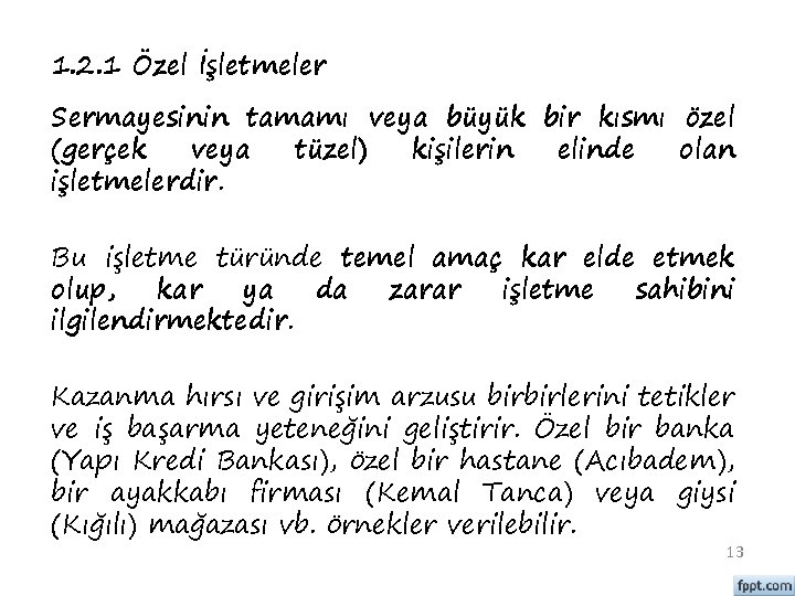 1. 2. 1 Özel İşletmeler Sermayesinin tamamı veya büyük bir kısmı özel (gerçek veya