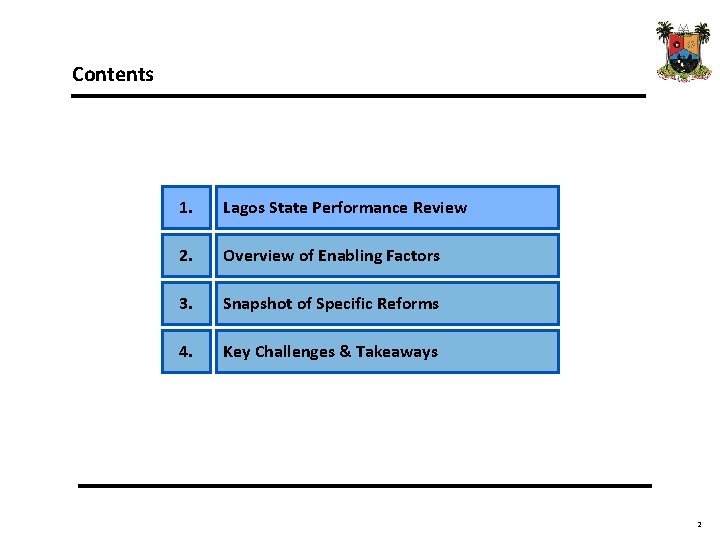 Contents 1. Lagos State Performance Review 2. Overview of Enabling Factors 3. Snapshot of