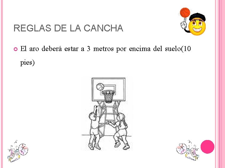 REGLAS DE LA CANCHA El aro deberá estar a 3 metros por encima del