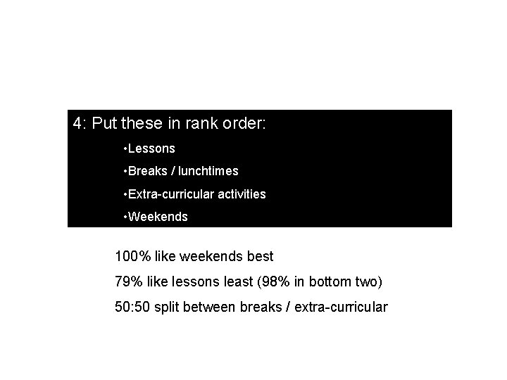 4: Put these in rank order: • Lessons • Breaks / lunchtimes • Extra-curricular