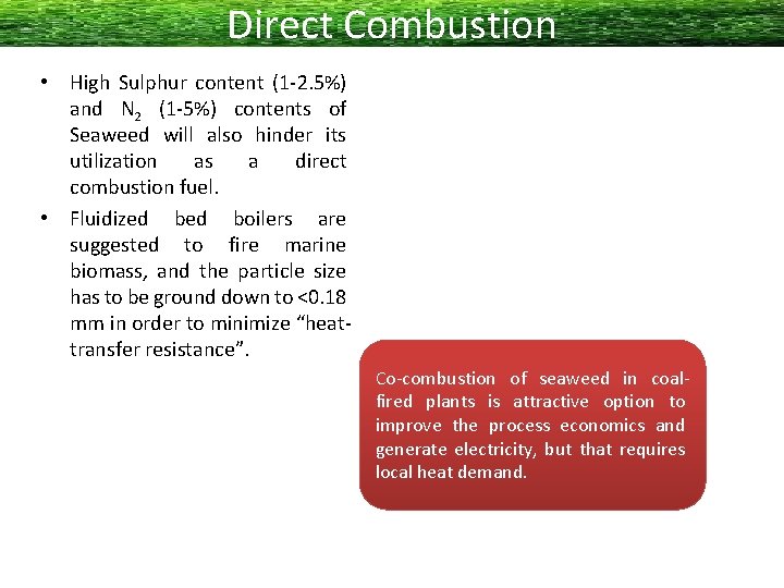 Direct Combustion • High Sulphur content (1 -2. 5%) and N 2 (1 -5%)