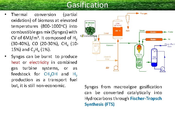 Gasification • Thermal conversion (partial oxidation) of biomass at elevated temperatures (800 -1000 o.