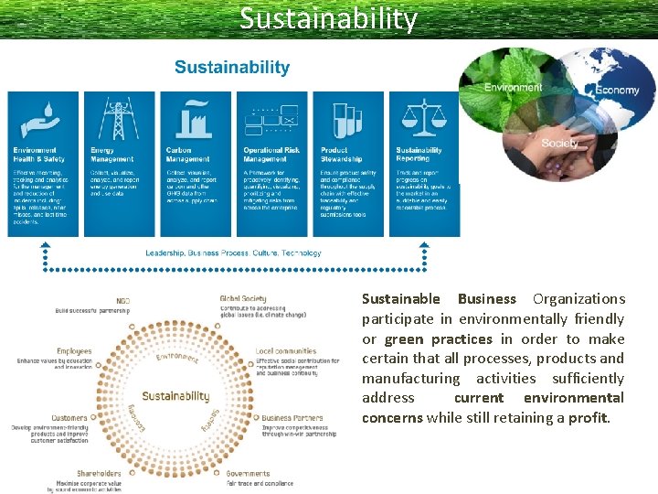 Sustainability Sustainable Business Organizations participate in environmentally friendly or green practices in order to