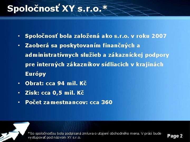 Spoločnosť XY s. r. o. * • Spoločnosť bola založená ako s. r. o.