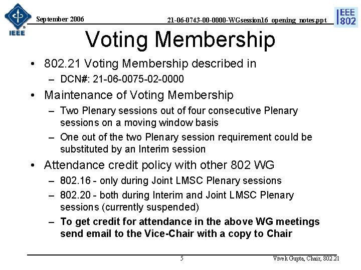 September 2006 21 -06 -0743 -00 -0000 -WGsession 16_opening_notes. ppt Voting Membership • 802.
