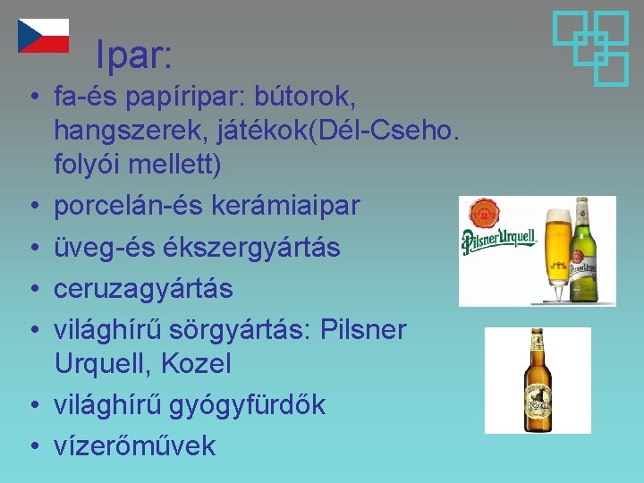 Ipar: • fa-és papíripar: bútorok, hangszerek, játékok(Dél-Cseho. folyói mellett) • porcelán-és kerámiaipar • üveg-és