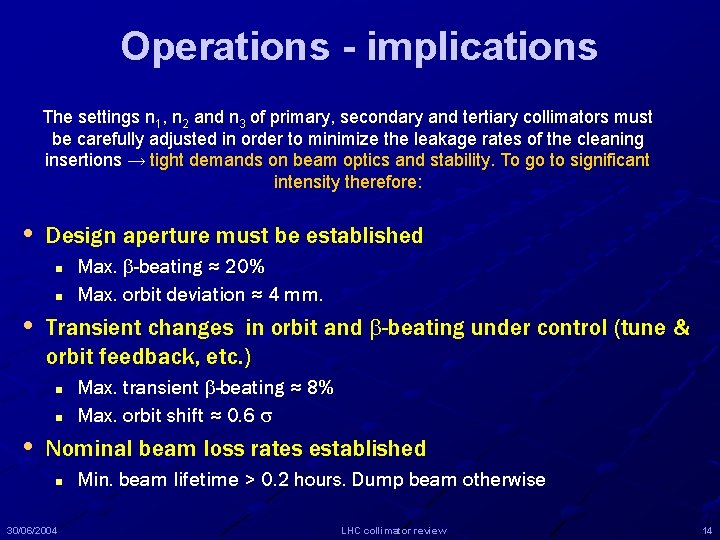 Operations - implications The settings n 1, n 2 and n 3 of primary,