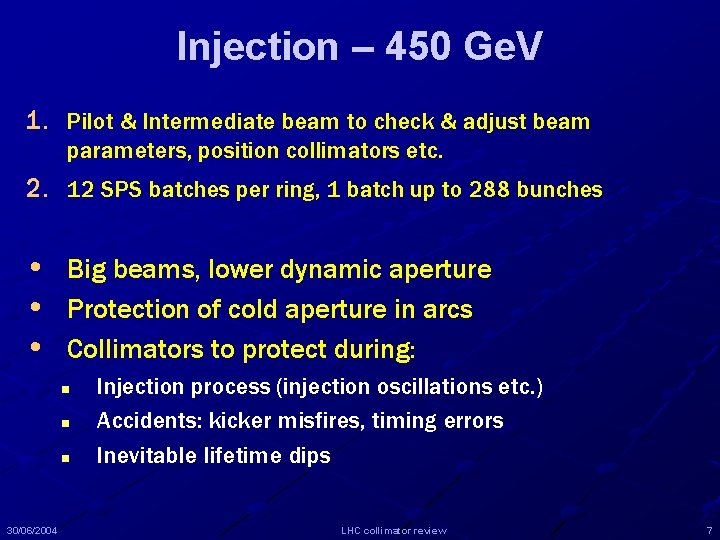 Injection – 450 Ge. V 1. Pilot & Intermediate beam to check & adjust