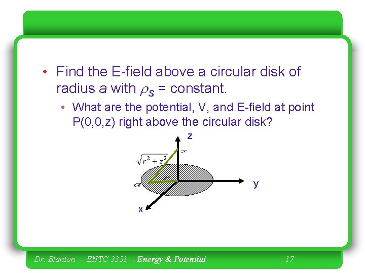  • Find the E-field above a circular disk of radius a with r.