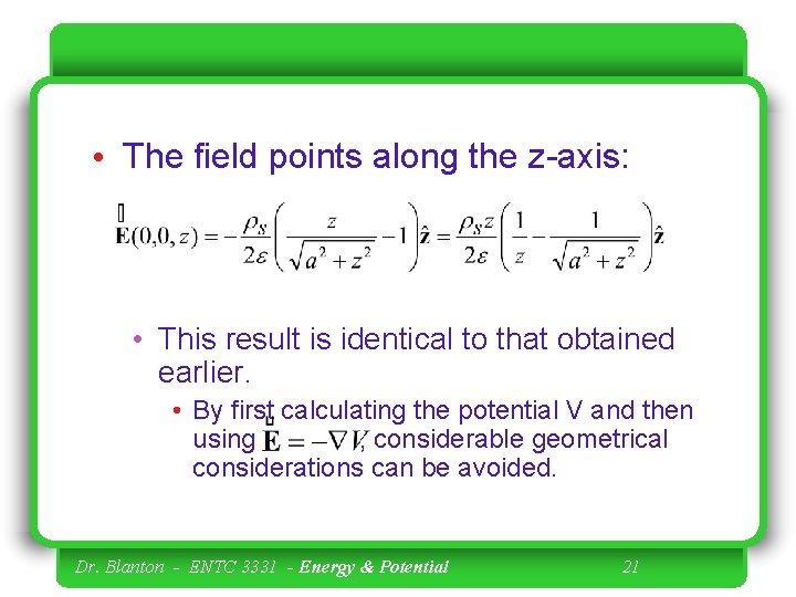  • The field points along the z-axis: • This result is identical to