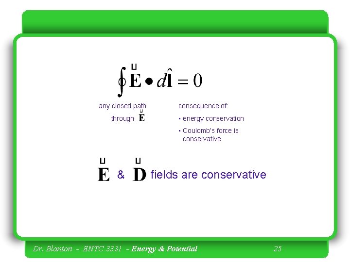 any closed path through consequence of: • energy conservation • Coulomb’s force is conservative
