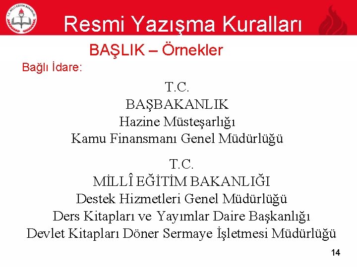 Resmi Yazışma Kuralları 14 BAŞLIK – Örnekler Bağlı İdare: T. C. BAŞBAKANLIK Hazine Müsteşarlığı