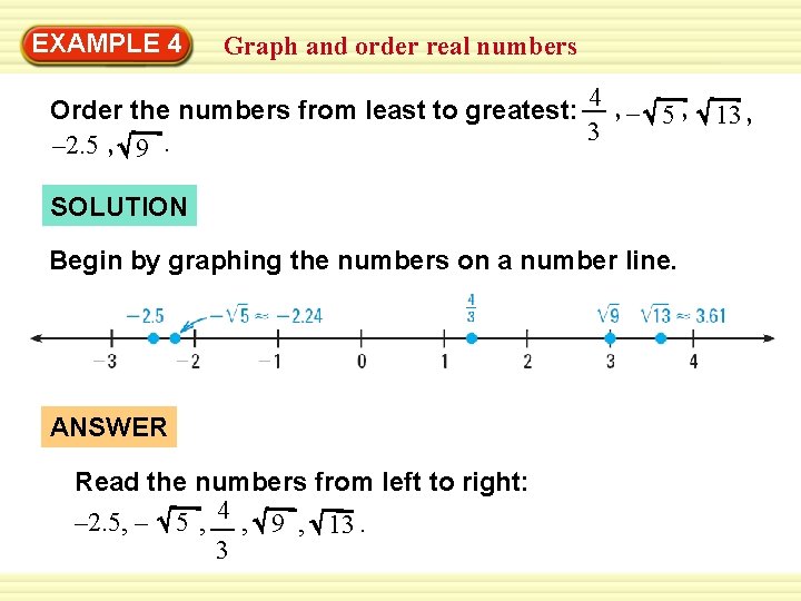 EXAMPLE 4 Graph and order real numbers 4 Order the numbers from least to EXAMPLE 4 Graph and order real numbers 4 Order the numbers from least to