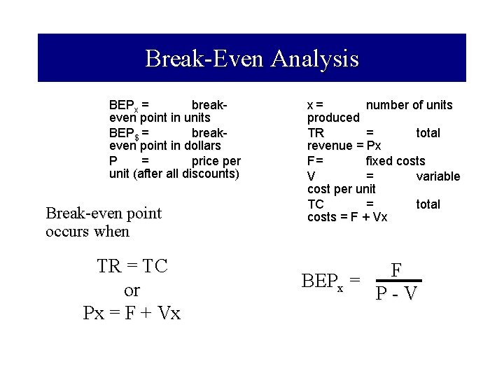 Break-Even Analysis BEPx = breakeven point in units BEP$ = breakeven point in dollars
