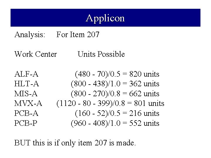 Applicon Analysis: For Item 207 Work Center ALF-A HLT-A MIS-A MVX-A PCB-P Units Possible