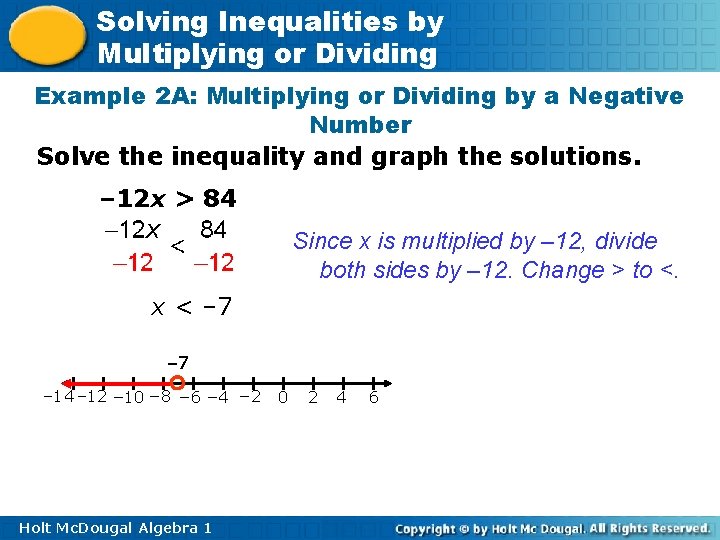 Solving Inequalities by Multiplying or Dividing Example 2 A: Multiplying or Dividing by a