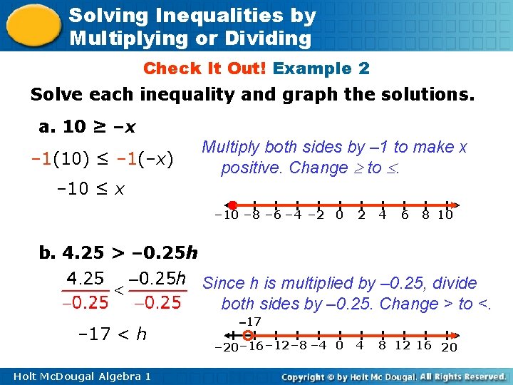 Solving Inequalities by Multiplying or Dividing Check It Out! Example 2 Solve each inequality