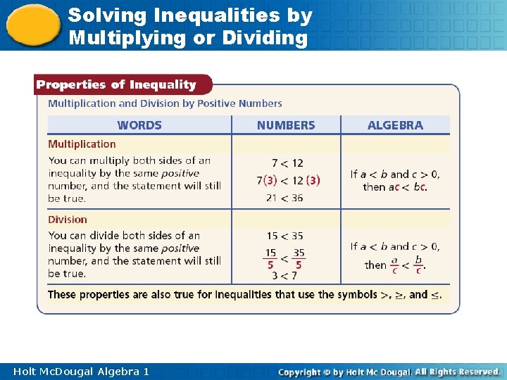 Solving Inequalities by Multiplying or Dividing Holt Mc. Dougal Algebra 1 