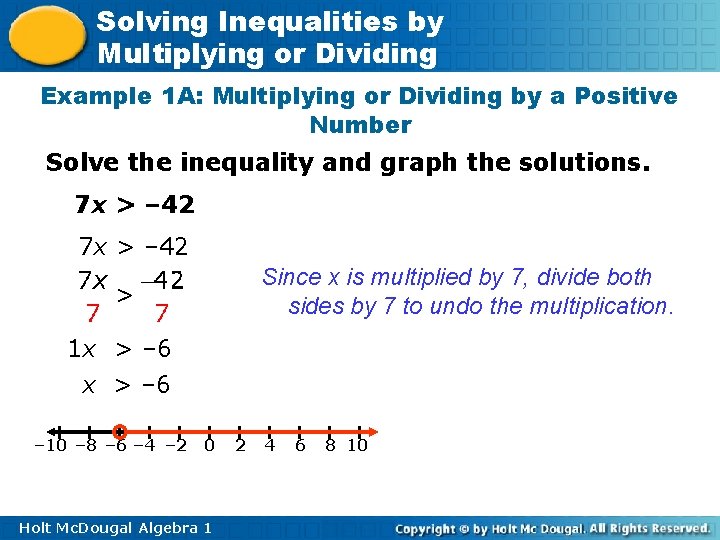 Solving Inequalities by Multiplying or Dividing Example 1 A: Multiplying or Dividing by a