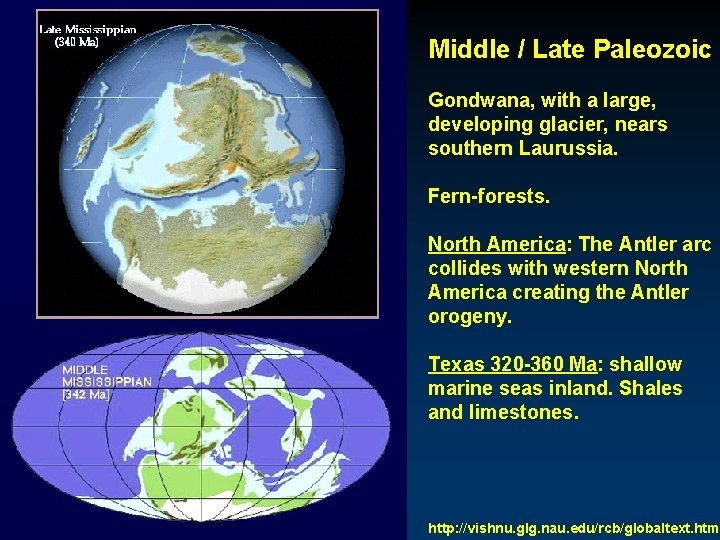 Middle / Late Paleozoic Gondwana, with a large, developing glacier, nears southern Laurussia. Fern-forests.