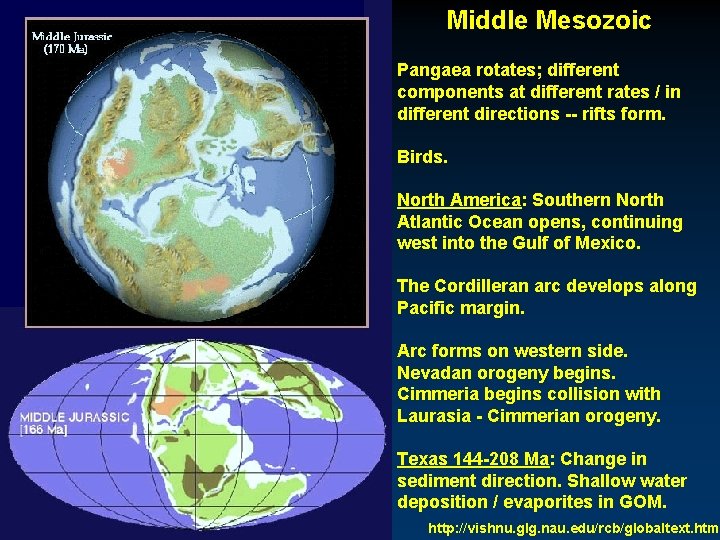 Middle Mesozoic Pangaea rotates; different components at different rates / in different directions --