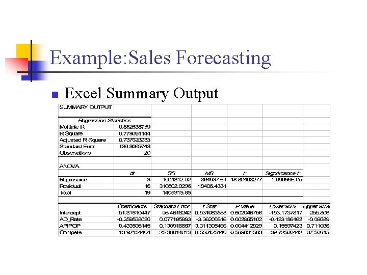 Example: Sales Forecasting n Excel Summary Output 