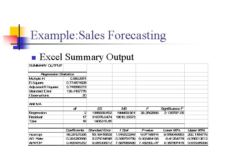 Example: Sales Forecasting n Excel Summary Output 