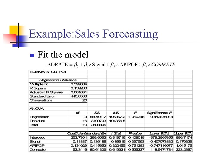 Example: Sales Forecasting n Fit the model 