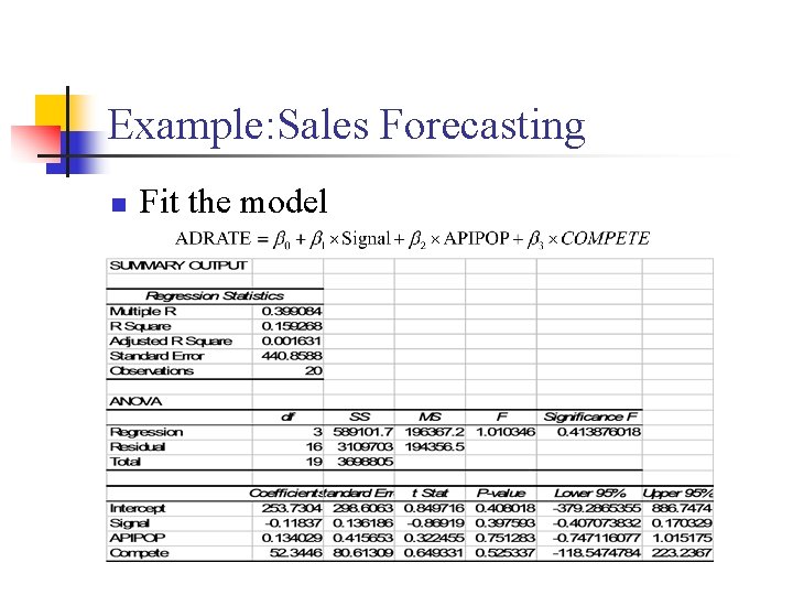 Example: Sales Forecasting n Fit the model 