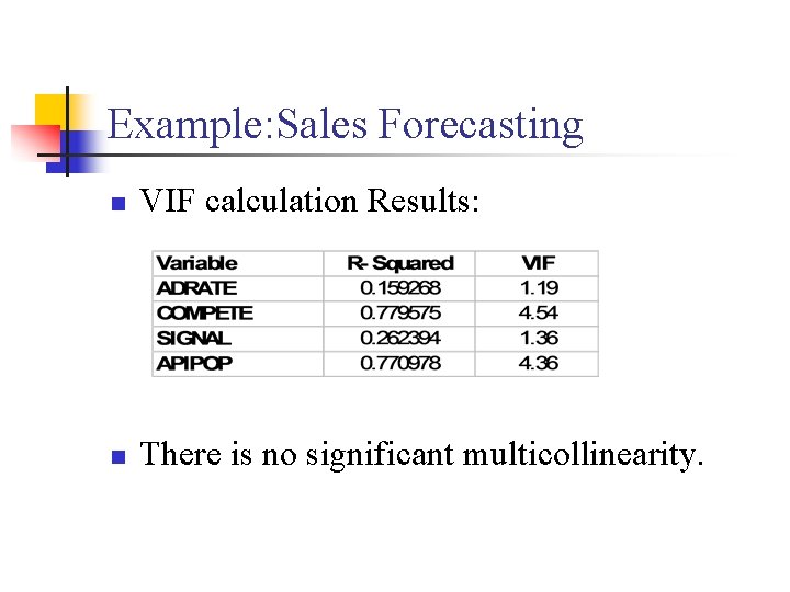 Example: Sales Forecasting n VIF calculation Results: n There is no significant multicollinearity. 