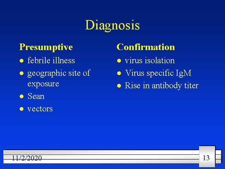 Diagnosis Presumptive l l febrile illness geographic site of exposure Sean vectors 11/2/2020 Confirmation