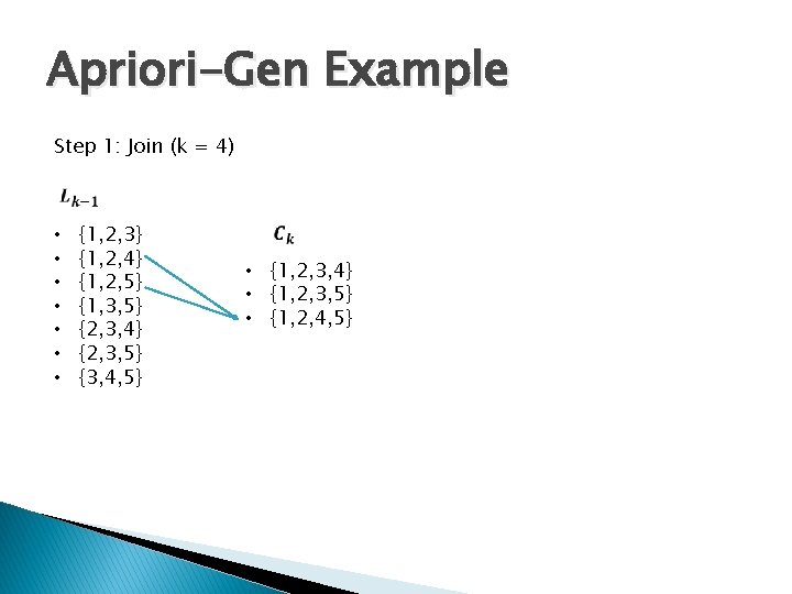 Apriori-Gen Example Step 1: Join (k = 4) • • {1, 2, 3} {1,