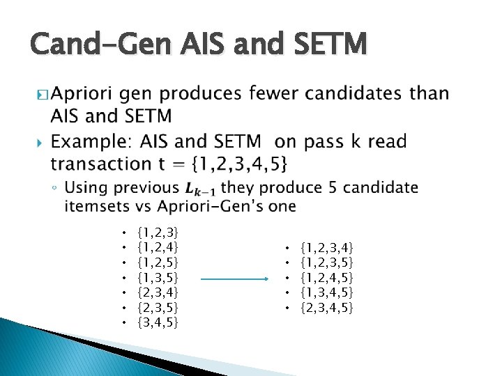 Cand-Gen AIS and SETM � • • {1, 2, 3} {1, 2, 4} {1,