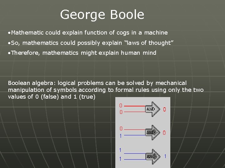 George Boole • Mathematic could explain function of cogs in a machine • So,