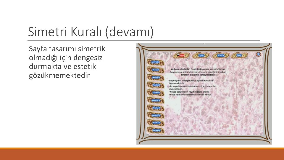 Simetri Kuralı (devamı) Sayfa tasarımı simetrik olmadığı için dengesiz durmakta ve estetik gözükmemektedir 