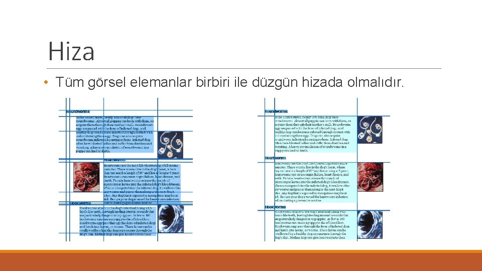 Hiza • Tüm görsel elemanlar birbiri ile düzgün hizada olmalıdır. 